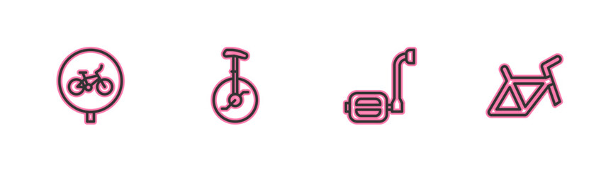 Set line Bicycle, pedal, Unicycle or one wheel bicycle and frame icon. Vector.