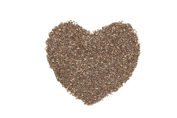 Chia seeds in heart shape isolated on white