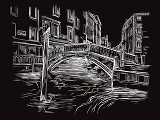 Venice drawing vector illustration canal and bridge black
