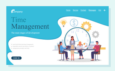 Concept of time management website, landing page with text. Menu bar and web icons. Working office workers at table, teamwork, business meeting at clock background. Organizing office time, deadline