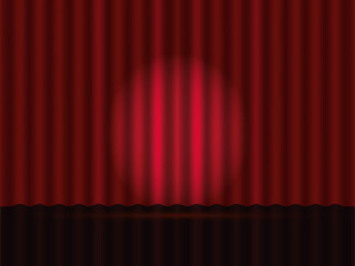 Realistic theatrical drapes with spotlight. Empty scene with a red curtain. Vector