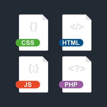 Css, html, js, php. Collection of web development file format flat icon. Vector