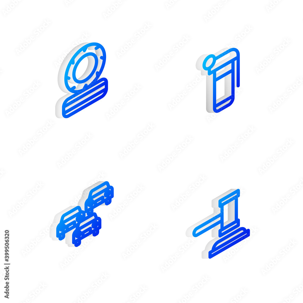 Sticker Set Isometric line Hand grenade, Lying burning tires, Traffic jam and Judge gavel icon. Vector.