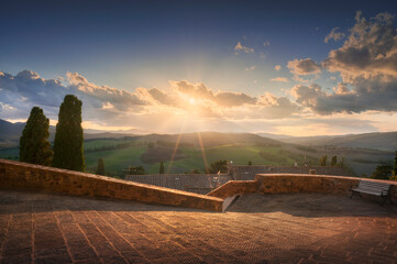 Montegemoli village and panoramic view. Tuscany, Italy.