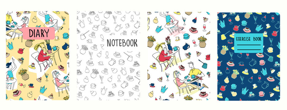 Cover page vector templates based on patterns with hand drawn cafe scenes, cakes, other objects. Girly delight concept. Background for student exercise books, notebooks, diaries