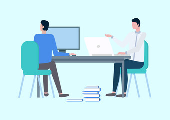 Men working in team vector, people with computers flat style male with colleague with new business project developing strategy and planning steps