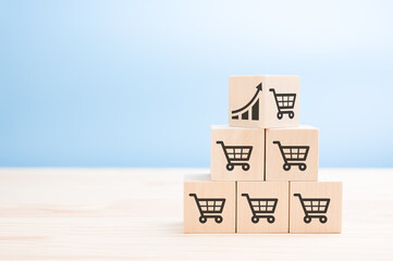 pyramid of wooden cubes with sales icons. Sale volume increase make business grow, cube with icon...