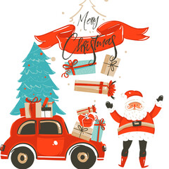 illustration of santa with christmas tree and gifts .