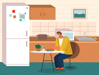 Eating guy at home at kitchen, man sitting alone at table, eat delicious food, stylish interior of modern kitchen with fridge, lunch or dinner for young male, guy at home after work, everyday life