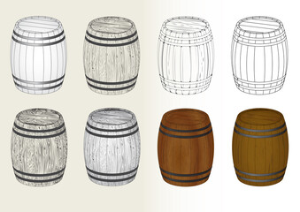 vector set of sketches of wooden barrels in different styles