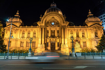Fototapeta na wymiar The CEC Palace at night in Bucharest, Romania