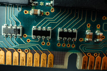 Macro photo of electronic circuit board in computer