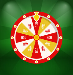 Roulette or fortune wheel round device with stakes isolated on green. Vector risk and stakes, gambling games leisure and entertainment, pointer on rotating circle