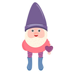 A dwarf with a heart in front of him, isolated on a white background. A dwarf gives a heart for Valentine's Day-February 14. vector illustration for greeting cards and valentines..
