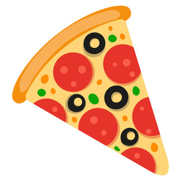 Vector slice of pizza including pepperoni, olives, cheese and vegetables. Template