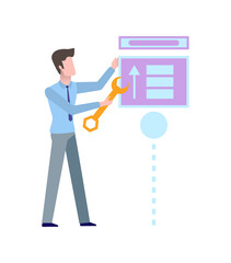 Man repairing data storage system vector isolated person. Male with wrench fixing file with arrow up and list, computer information server and info exchange