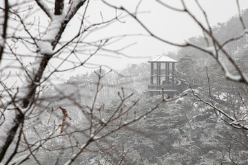 Pavilion in the snowy mountains of Kamaksan Mountain, South Korea