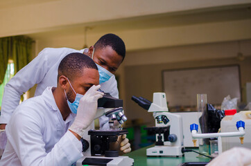 young handsome african scientist in the lab carefully carrying out experiments while his senior...
