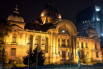 The CEC Palace at night in Bucharest, Romania