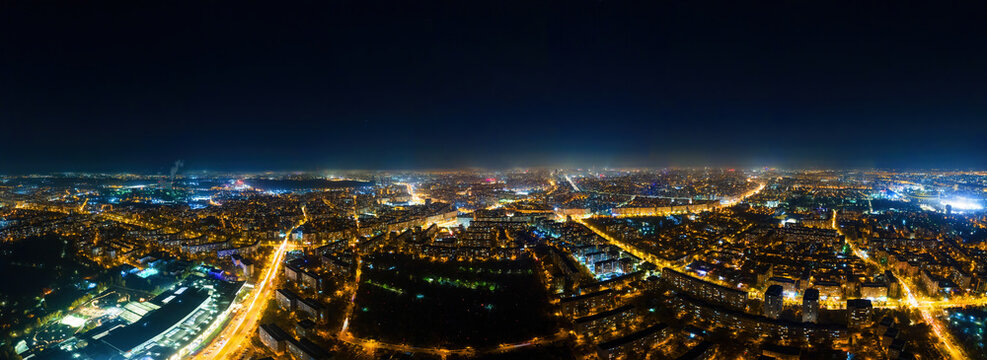View of Bucharest from the drone at night, Romania