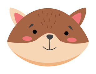 Colorful cute vector cat or hamster face. Wild forest animal head one object on a white background. Cartoon flat pet. Emoji funny animal. Embarrassed smile emotion. Template icon. Logo, sticker