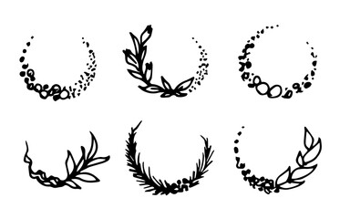 Hand-drawn simple vector drawing in black outline. Round floral frames, wreaths of twigs, plants. For labels, product design, invitation cards, stickers.