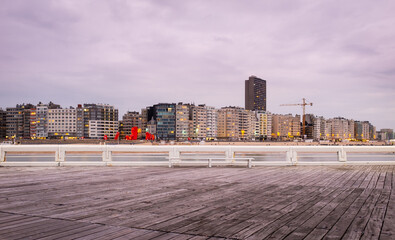 Skyline of the City of Ostend in Belgium as observed from the old wooden pier.