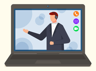 A man with headphones makes a video call. Image of a man in a business suit on a laptop screen. Speed buttons on the display for communication vector illustration. Laptop isolated on light background
