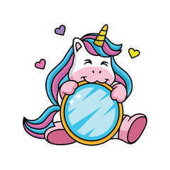 Cute cartoon unicorn expression with a mirror