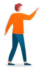Young man caucasian with red curly hair standing at full height making a pointing gesture with finger. Guy in blue jeans and orange sweater on white background. A person pays attention to something