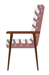 Striped chair upholstered in cloth isolated on white background. Furniture for interior design flat vector illustration. Interior item on wooden legs. Furniture model made of wood for sitting