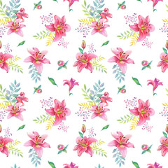 Fototapeta na wymiar Watercolor Pink Lilies.Seamless pattern. Flowers on a white background.Watercolour illustration can be used for print,