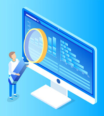 Digital marketing manager with loupe symbol researching computer wireless device. Communication technology with lens and monitor of pc isolated on blue. Professional analysis of laptop vector