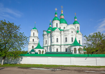 Beautiful white green-domed orthodox church in Ukrainian town of Kozelets