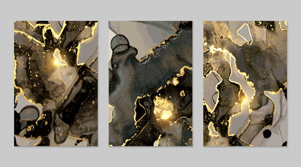 Set of black, grey and gold marble abstract patterns. Alcohol ink technique stone texture. Vector background. Modern paint with glitter. Banner, poster design template.