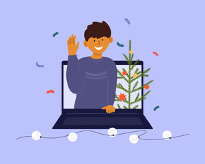 Holiday online video call. Distance celebration Merry Christmas, Happy New year. Young smiling man on digital screen laptop looking greeting with hand. Christmas tree. Virtual talk vector illustration