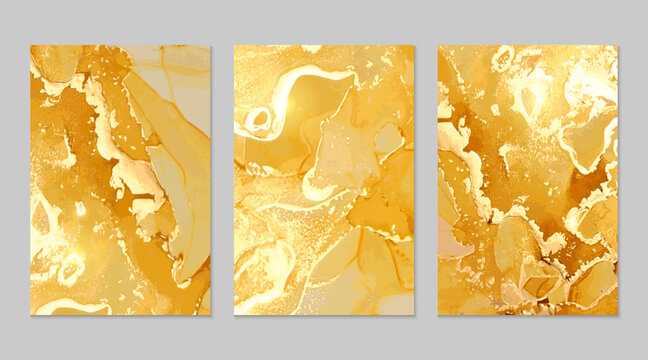 Set of yellow, honey and gold marble abstract patterns. Alcohol ink technique stone texture. Vector background. Modern paint with glitter. Banner, poster design template.
