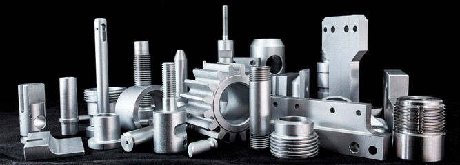 Shiny steel parts on a black background. Regular industrial metal production pattern.