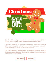 Christmas sale 50 percent off, gingerbread snowflake decoration price tag. Isolated vector discount label with info about price of, New Year special offer