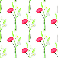 Seamless pattern with glass bottles which contain flowers and branches. Line art hand drawn illustration. Gentle floral background. For textile, papers, prints