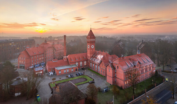 Wroclaw, Poland. Aerial view of Kampus Pracze - complex of  neogothic red brick buildings built in 1899-1913