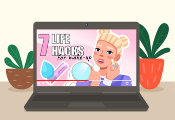 Female character makes up on video. Beautiful girl paints her eyes on video training. Seven life haks for make up. Various makeup tools on the blogger s vector illustration. Online blog on the screen