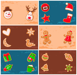 Holly jolly gingerbread man cookie presents set vector. Bird and heart, Santa Claus and snowflake reindeer snowman and mistletoe gift mitten and cone