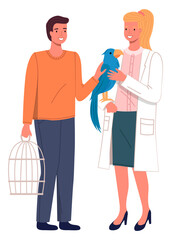 Fototapeta premium Veterinary care, veterinarian woman looking at blue parrot sitting at hand, checking health of domestic pet, treatment of animals in veterinary clinic, visit doctor in vet hospital, medical office
