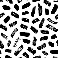 Brush strokes vector seamless pattern. Black paint freehand scribbles, small lines, dry brush stroke texture. Chaotic rough smears. Black and white mosaic texture. Hand drawn grunge ink illustration.