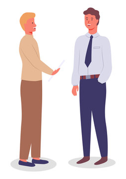 Blond man istanding with document in hands, guy standing with his hand in his pocket. Men wear formal clothes. Employees, colleagues or office staff. Communicate and work. Flat vector image on white