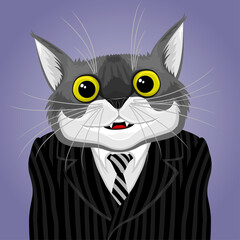 Illustration with a cat in a striped suit with a tie.