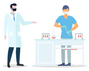 Assistant wearing face mask making scientific researches holding flask with liquid. Scientist in medical uniform working with tubes, flasks, samples. Doctor in medical gown talking with colleague