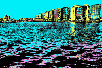 Modern buildings on canal margin in Amsterdam. The Dutch capital, famous for its cultural life and canals. Blacklight Poster filter.