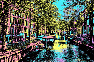 Boats moored in a tree-lined canal with buildings in Amsterdam. The Dutch capital, famous for its cultural life and canals. Blacklight Poster filter.